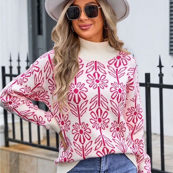 Sweaters - Flower Turtleneck Long Sleeve Sweater pink